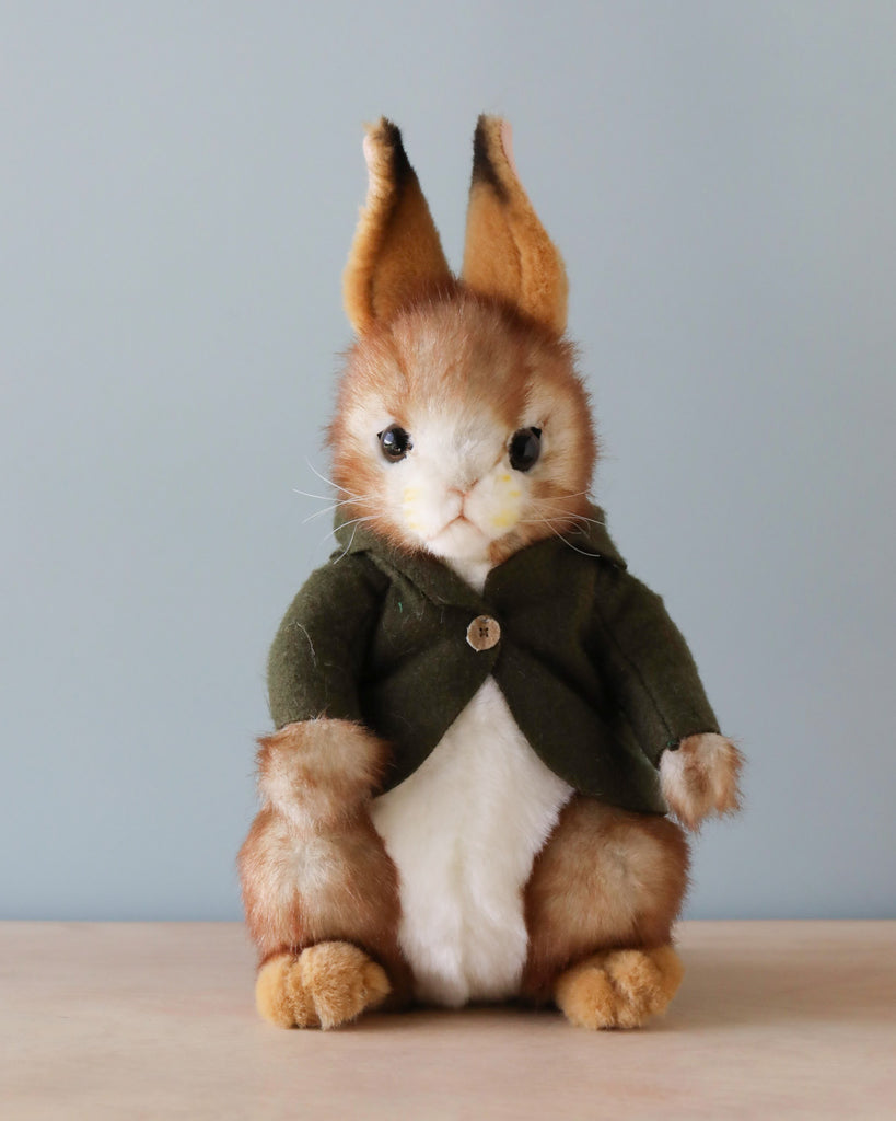 Bunny stuffed animal with green jacket