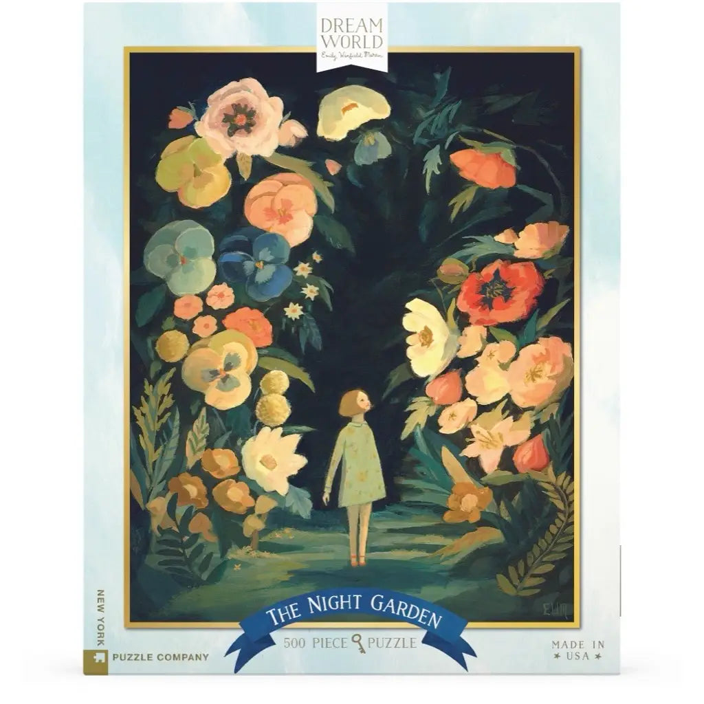 A colorful jigsaw puzzle box titled "Emily Winfield Martin, The Night Garden Puzzle" by Emily Winfield Martin, featuring a whimsical illustration of a young girl in a garden with oversized, brightly colored flowers under a starlit