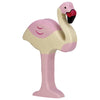 A Holztiger Flamingo, part of the high-quality HOLZTIGER figures, is painted in shades of pink and white. The handcrafted wood flamingo stands upright on two legs, with its neck curved and beak colored black and red. The simple design highlights the bird's features with minimal detail.