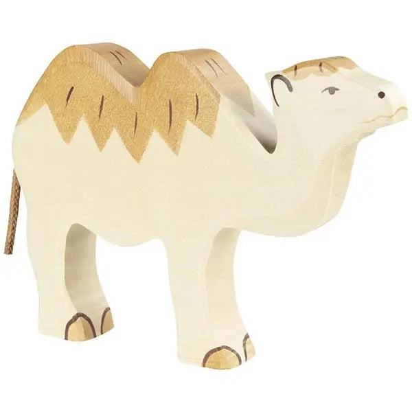 Holztiger Camel with a light beige body and darker brown humps on its back. It has simple painted features, including eyes, nose, mouth, hooves, and short tail details. Made in Europe by HOLZTIGER figures, it showcases a minimalistic and handcrafted wood toys appeal.