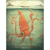 A Emily Winfield Martin, Kraken Underneath Puzzle - 500 Piece of a large, orange squid with a prominent eye, submerged in greenish water, featuring a sailboat and a forested coastline in the background, completed with a linen style finish.