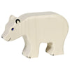 A wooden polar bear figurine with a smooth, light-colored surface. This Holztiger Polar Bear, Feeding figure has minimalistic black details, including an eye, nose, and claws, with a small smile painted on its face. Handcrafted wood artistry gives it charm and character, emphasizing its high-quality craftsmanship made in Europe.