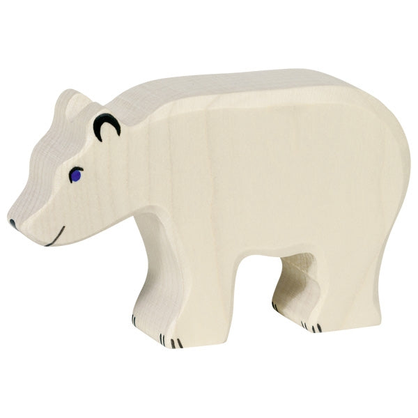 A wooden polar bear figurine with a smooth, light-colored surface. This Holztiger Polar Bear, Feeding figure has minimalistic black details, including an eye, nose, and claws, with a small smile painted on its face. Handcrafted wood artistry gives it charm and character, emphasizing its high-quality craftsmanship made in Europe.