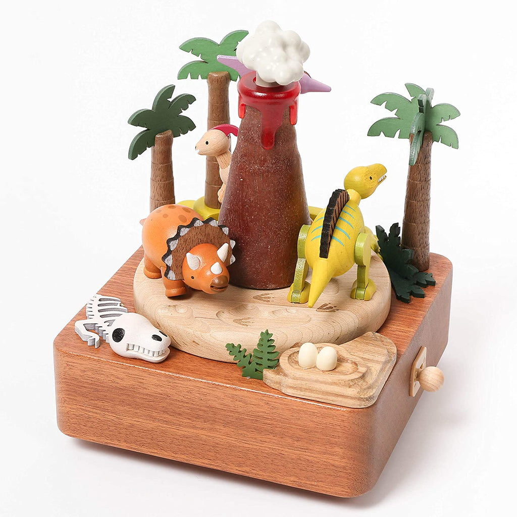 Dinosaur and volcano themed wooden music box