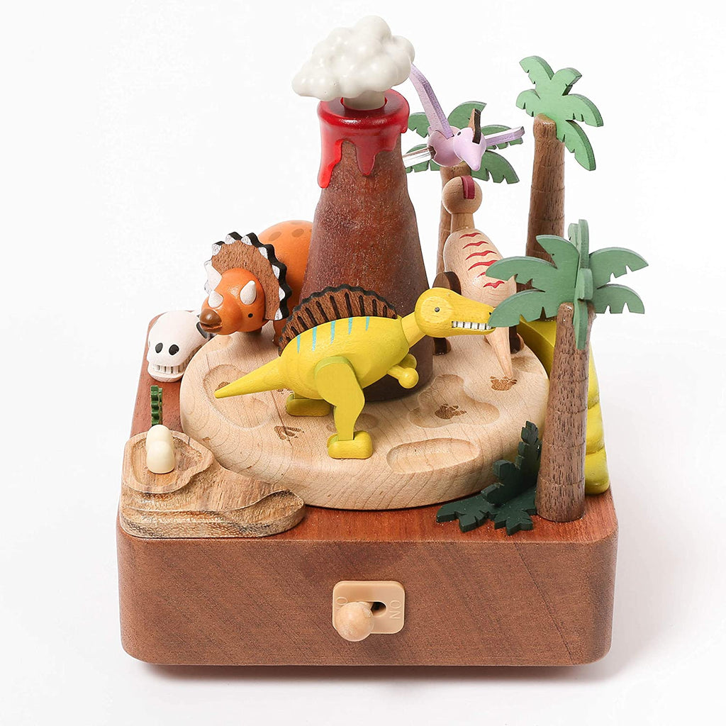 Dinosaur and volcano themed wooden music box