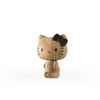 A wooden figurine resembling the Hello Kitty character is depicted. Crafted from European FSC White Oak, the figure features a large head with round eyes, a small nose, whiskers, and a distinctive bow on its left ear. The body is simple and rounded, aligning with contemporary design collectibles. The background is plain white. This product is named "Hello Kitty, Oak.