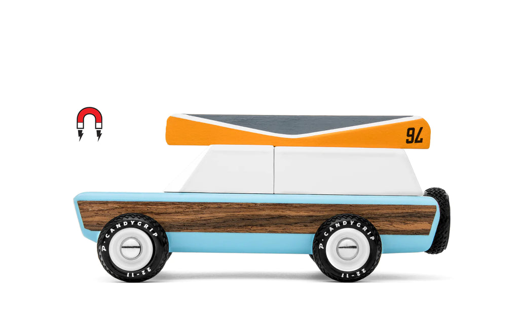 wooden car toy with canoe