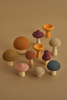 A collection of Raduga Grez Handmade Wooden Mushrooms in various sizes and colors, arranged on a beige background, creating an artistic display of natural tones.