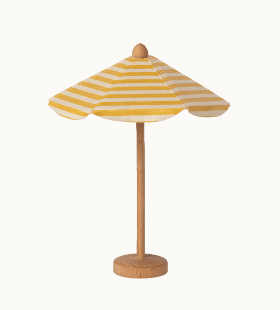 A small wooden toy Maileg Beach Chairs And/Or Umbrella with alternating yellow and white stripes. Resembling a beach umbrella, it features a round base and central pole made of light-colored wood. The design gives off a summery, playful vibe, reminiscent of striped beach chairs dotting the sand.