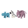 A line of three Olli Ella Holdie Folk Felt Safari Animals including a blue unicorn, a white and black zebra, and a purple elephant on a translucent background, perfect for imaginative play.