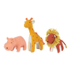 Three Olli Ella Holdie Folk Felt Savannah Animals, a pink hippo, a tall giraffe with brown spots, and a fluffy lion with a mane, aligned side by side on a seamless black background.