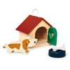 A Doghouse Set featuring a brown and white basset hound dog, a red-roofed kennel with an opening door, a green food bowl, and a blue water bowl on a white.