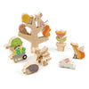 A collection of Stacking Garden Friends set against a white background, including a fox, hedgehog, turtle, birds, rabbits, and a tree with slots for the animals.