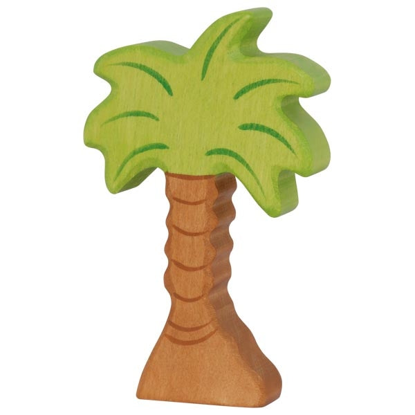 A brightly colored Holztiger Palm Tree featuring a green canopy with stylized leaves and a brown textured trunk. Made in Europe, this handcrafted wood toy boasts a simplistic and cartoon-like design, making it perfect for children's play. Part of the HOLZTIGER figures collection.