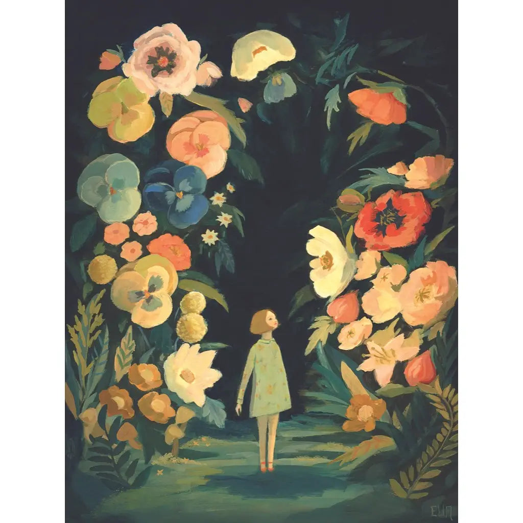 A whimsical jigsaw puzzle depicting a small figure standing amidst a lush, oversized garden of vibrant and varied flowers under a starry night sky, featuring a linen style finish - Emily Winfield Martin, The Night Garden Puzzle.