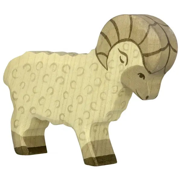 This Holztiger Ram boasts light tan, curly textured fur with brown accents on the hooves, face, and curved horns. Handcrafted wood toys like this one showcase a calm expression and stand on all four legs. Made in Europe, it embodies quality craftsmanship.