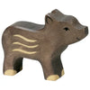 Wooden toy figure of a small brown piglet with simple painted details, including light-colored hooves and wavy lines on its side. The figure has a smooth, polished finish and stands upright. This Holztiger Young Boar is part of the handcrafted wood toys collection made in Europe.