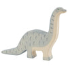 A Holztiger Brontosaurus, handcrafted in Europe, painted in light blue and grey, resembling a sauropod with a long neck and tail. The Brontosaurus features simple painted details for eyes and body markings, reflecting the quality of HOLZTIGER figures.