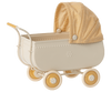 A vintage-style beige Maileg Micro Pram with yellow and cream plaid fabric canopy and matching beige wheels on a plain background.