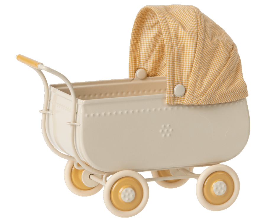 A vintage-style beige Maileg Micro Pram with yellow and cream plaid fabric canopy and matching beige wheels on a plain background.