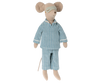 A Maileg Medium Mouse in Pyjamas, dressed in blue-striped pajamas and a matching sleep mask, standing upright against a black background, makes a perfect rest-time companion.