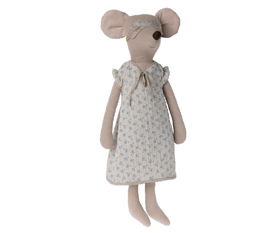 Maileg Maxi Mouse in Nightgown, dressed in a light blue floral-patterned nightgown and matching headband, stands upright with closed eyes and no visible mouth. This charming stuffed toy features large round ears, long limbs, and is crafted from soft cotton/rime fabric.