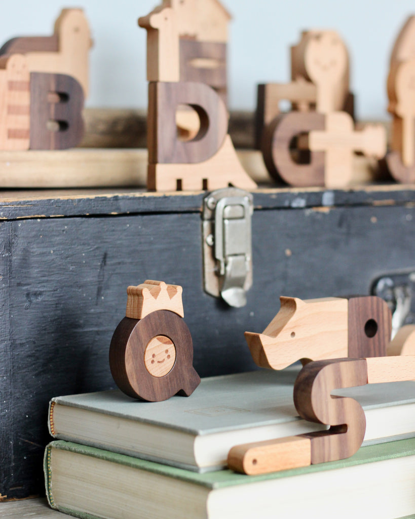 Ultimate Wooden Alphabet Puzzle in various shapes, including a cat and an elephant, displayed on and around an alphabet book near a metal suitcase.