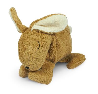 A Senger Naturwelt Cuddly Animal - Rabbit in a playful pose, featuring soft brown fur and one ear flopped down, made from organic cotton, isolated on a white background.